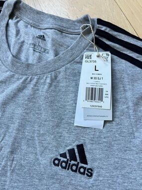 adidas Light Gray Heather Tee with Black 3-Stripes - Men’s L